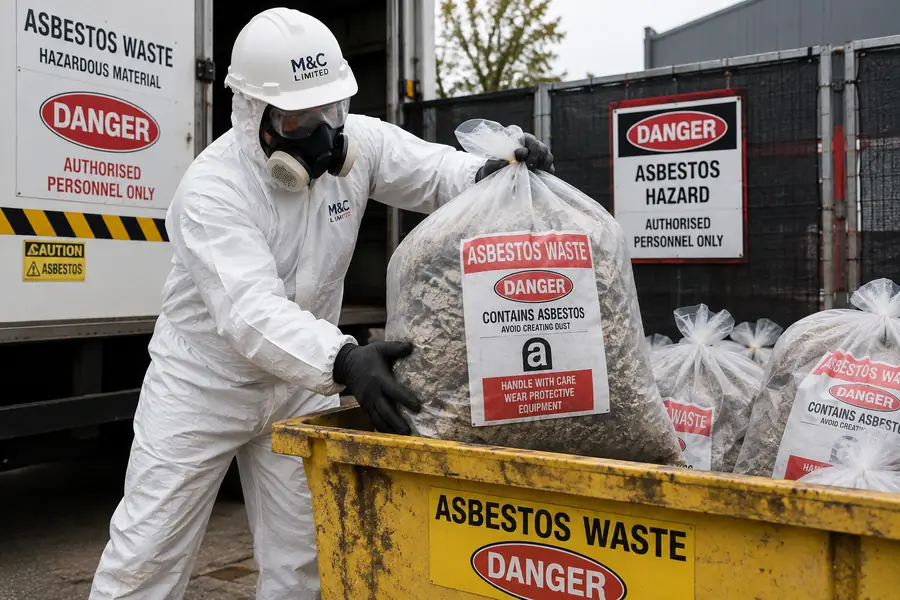 M&C Limited technician loading labelled asbestos waste bags into a licensed skip for disposal