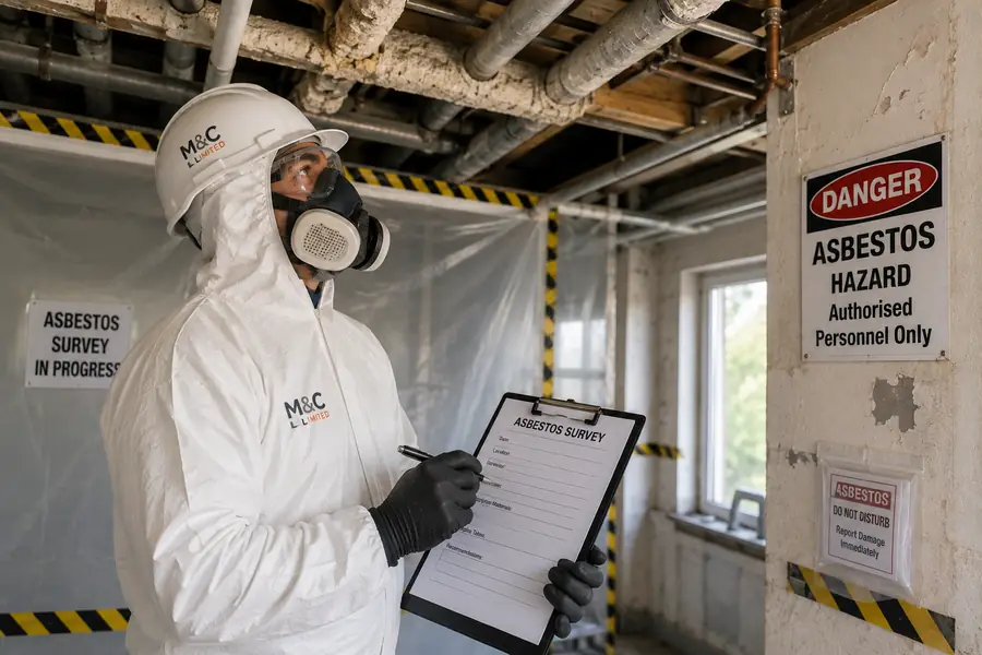 M&C Limited surveyor completing an asbestos survey report on site in London