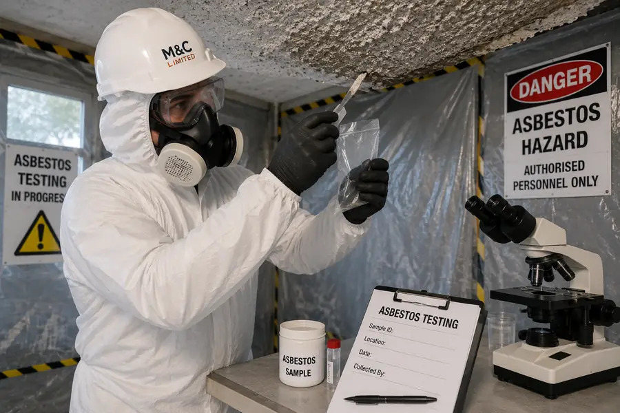 M&C Limited technician bagging an asbestos sample for laboratory testing