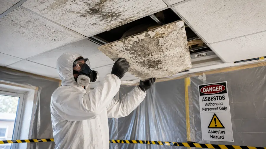 Technician removing an asbestos ceiling tile inside a contained work area with asbestos hazard signage