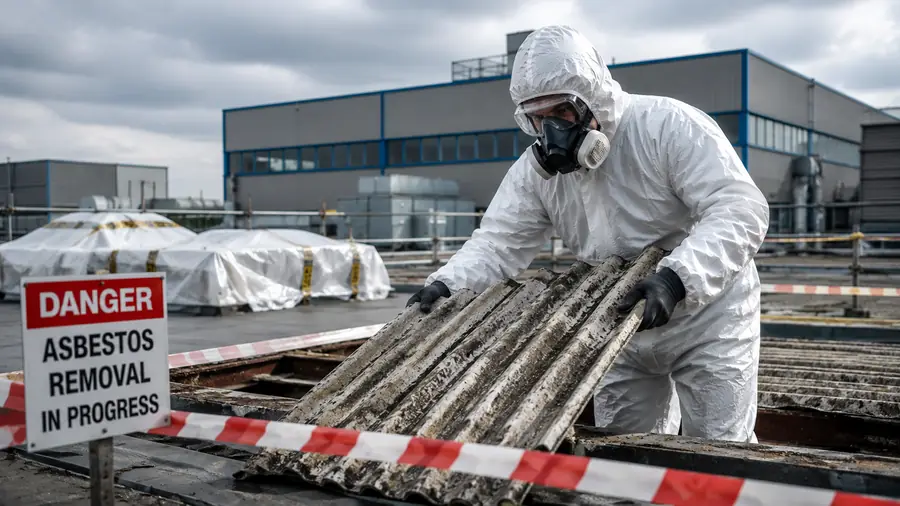 Commercial asbestos removal technician working on an industrial rooftop with a danger asbestos removal in progress sign