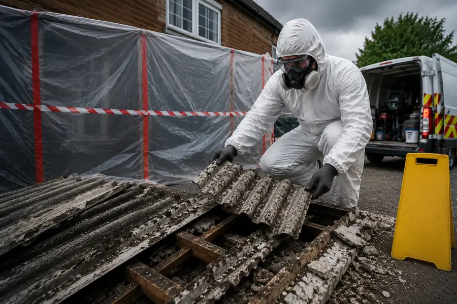 M&C Limited technician on an emergency asbestos removal callout with response van on site