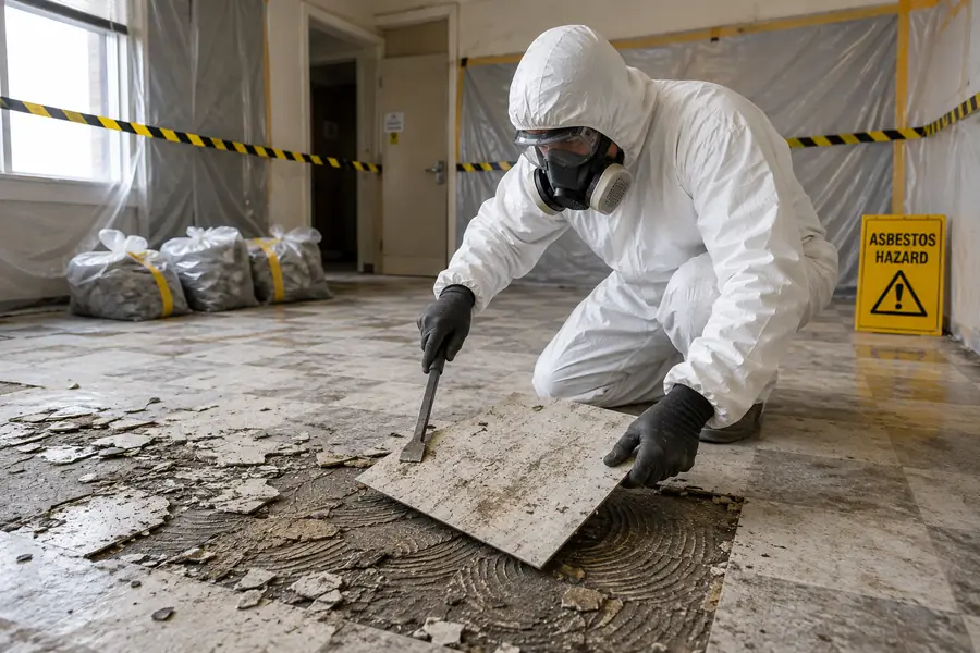 Technician prising up an asbestos floor tile in a contained property, with sealed waste bags in the background