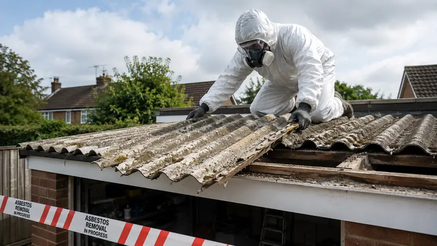 Technician kneeling on a residential garage roof removing asbestos cement sheeting in London