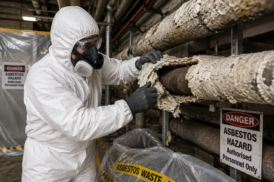 Technician removing asbestos lagging from pipework in a plant room with asbestos hazard signage