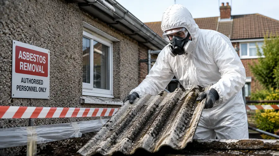 Technician removing an asbestos cement roof sheet at a London residential property with authorised personnel only signage