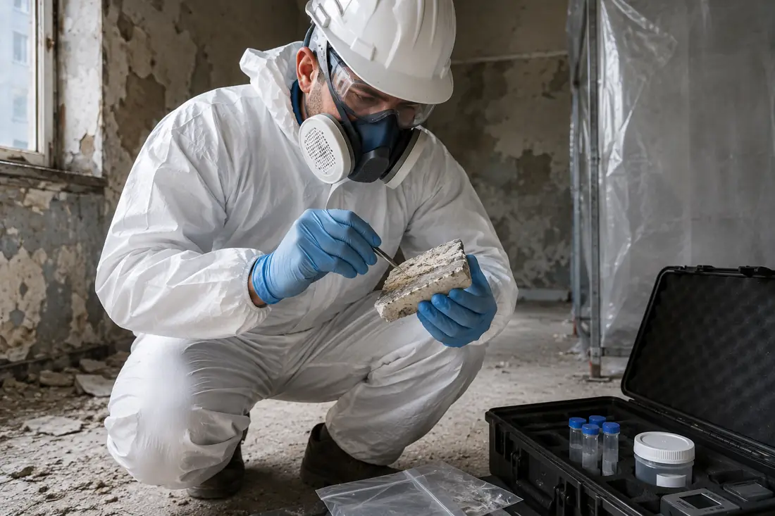 Certified M&C Limited technician inspecting a material sample for asbestos content on site